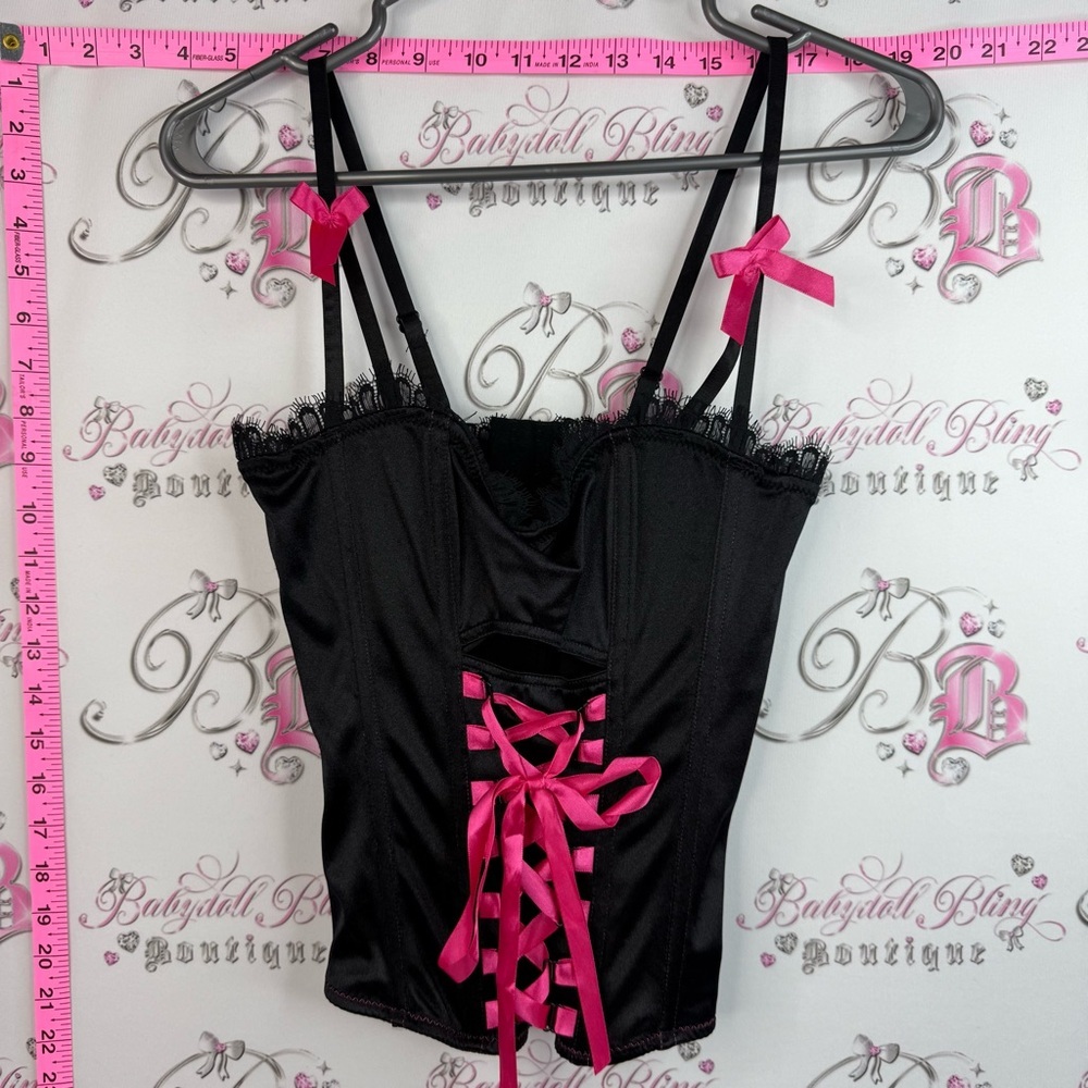 Corset tank top lace up Black Satin Corset Top with Hot Pink Ribbon Details